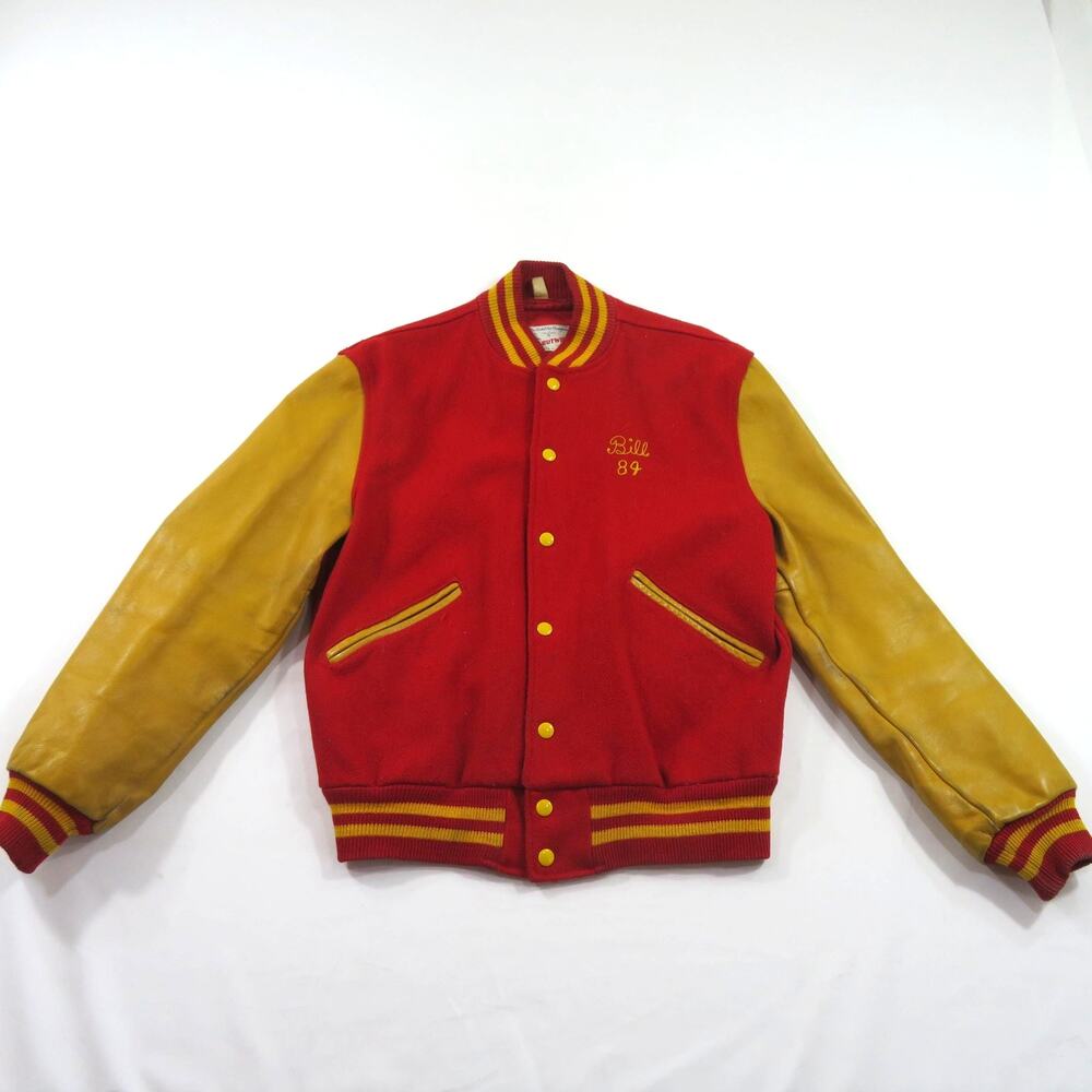 Butwin Falcons Letterman Jacket, Varsity Coat Chainstitched Red Gold Sz 38 1960s